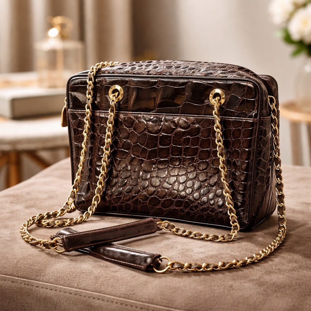 Lana of London Luxurious Dark Brown Crocodile Crossbody Bag with Gold Chain